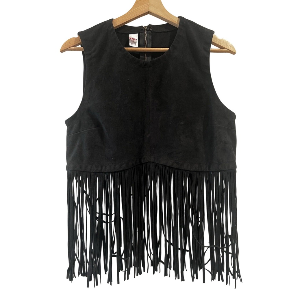 Bongo Womens Black Faux Suede Sleeveless Fringe Cropped Boho Western Rodeo Top L